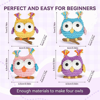 MOREJMTT Crochet Kit for Beginners, Crochet Animal Kits, Crocheting Kit for Starters, Learn to Crochet with Step-by-Step Video Tutorials, Beginner Crochet Kit for Adults(4 Pack owl)