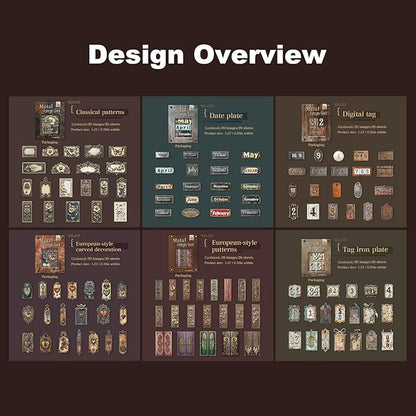 AuriicLeaf Metal Imprint Stickers Set – 120PCS Vintage Faux Embossed Label Stickers Featuring Writable Self-Adhesive Tags for Scrapbook Junk Journal DIY Crafts