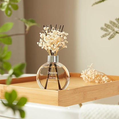 Donurex Flower Reed Diffuser Set 5.07oz Clean Linen Scent Diffuser with Sticks Home Fragrance Reed Diffuser for Bathroom Shelf Decor