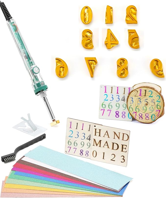 3/4" 10Pcs Wood Burning Letter Kit, Wood Burning Numbers for Wood Branding Leather Crafting, DIY Gifts for Christmas Wedding Birthday Beginners, with 80W Electric Branding Iron (Brass Numbers 0-9)