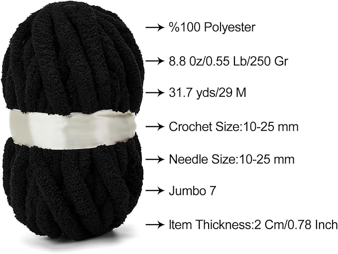 ERLYEEN Chenille Chunky Yarn Super Bulky Soft Thick Fluffy Jumbo Giant Washable Polyester Big Yarn DIY for Arm Knit Blanket Cushion Bed Sofa Home Decor,Black,4.4LB