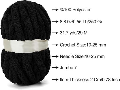 ERLYEEN Chenille Chunky Yarn Super Bulky Soft Thick Fluffy Jumbo Giant Washable Polyester Big Yarn DIY for Arm Knit Blanket Cushion Bed Sofa Home Decor,Black,4.4LB