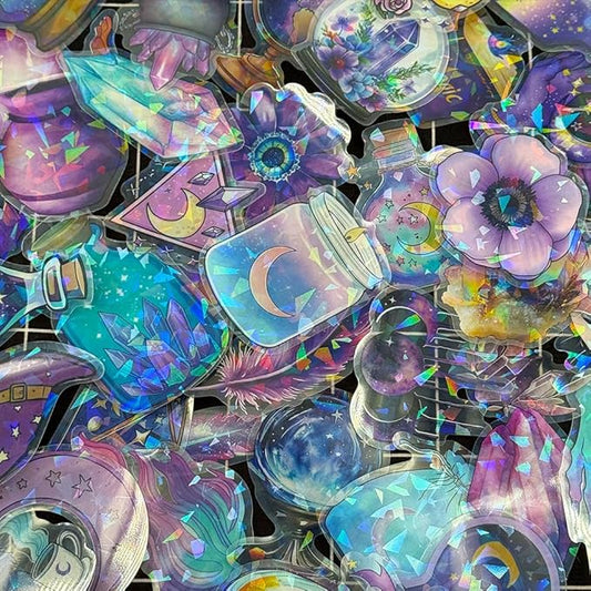 50PCS Holographic Witchcraft Stickers for Scrapbooking – Magic Astrology Clear Witchy Stickers with Iridescent Effect – Aesthetic Moon Crystal Spell Book Cat Decals