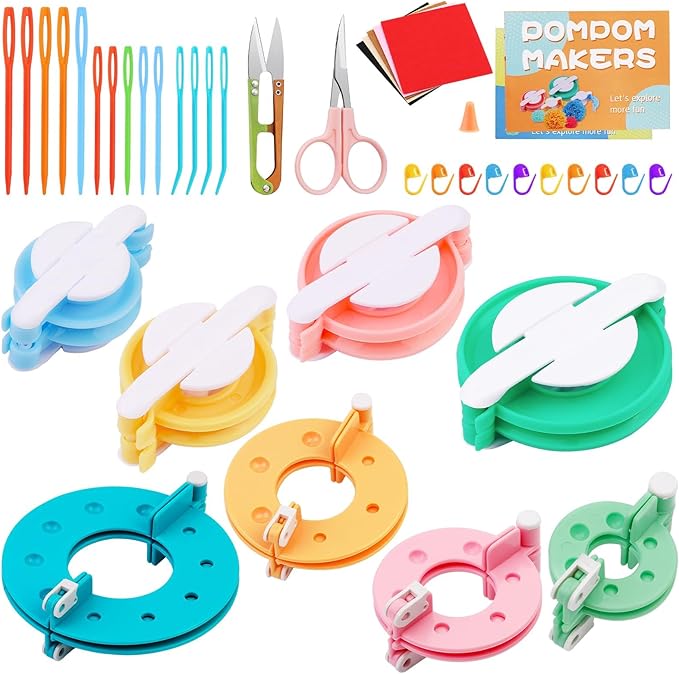 FTEVEN 41Pcs Pom Pom Maker Kit, 8 Size Pompom Maker Tools Set with Warped Head Scissor and Instruction, Used for Fluff Ball Weave DIY Crochet Knitting, Pom Pom Maker for Yarn Knitting Craft Project