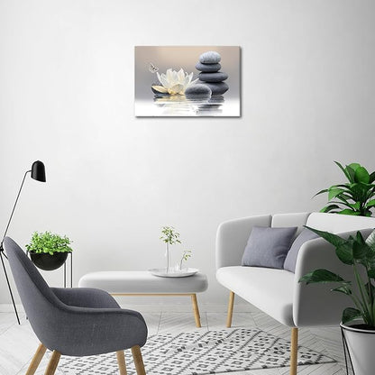 Zen Stone Framed Canvas Wall Art, White Flower and Yellow Butterfly on Lake Wall Paintings for Bathroom Living Room Bedroom Modern Spiritual Yoga Spa Canvas Prints Picture Wall Decor Artwork 12x16 inch