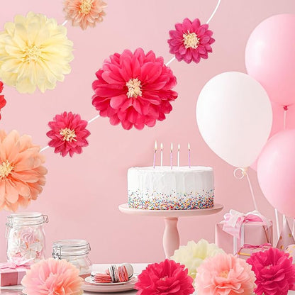 Watersay 12 Pcs 10" 20" Giant Mexican Fiesta Paper Flowers Colorful Tissue Crepe Flowers Pom Poms Craft for Floral Party Backdrop Wedding Birthday Party (Pink Color)
