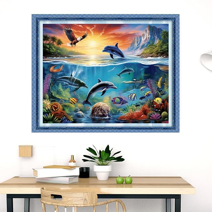 Dooxvey Cross Stitch Kits for Adults Stamped Full Range of Embroidery Starter Kits for Beginners 11CT Printed Cross Stitch Patterns Needlepoint Kits Stamped Crossstitch-Dolphin Scenery 16x20 inch