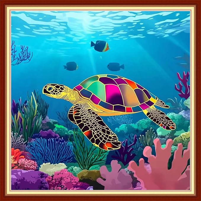 DMCVIVR Stamped Cross Stitch Kits for Beginners Adults Needlepoint Kits for Beginners Embroidery Kits for Adults Crossstitch Kit for Beginners 11CT-Underwater Turtle Coral 18x18 inchs
