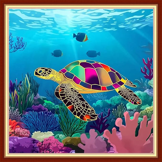 DMCVIVR Stamped Cross Stitch Kits for Beginners Adults Needlepoint Kits for Beginners Embroidery Kits for Adults Crossstitch Kit for Beginners 11CT-Underwater Turtle Coral 18x18 inchs