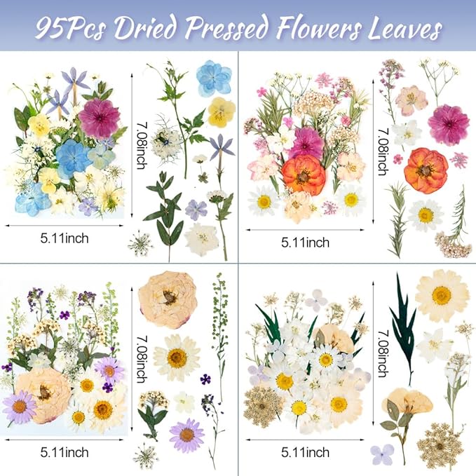 105Pcs Subtle Colors Flowers for Resin Model, Real Pressed Flowers Dry Leaves Bulk Natural Herbs Kit for Scrapbooking DIY Art Crafts, Epoxy Jewelry, Candle, Soap Making, Nails Decor