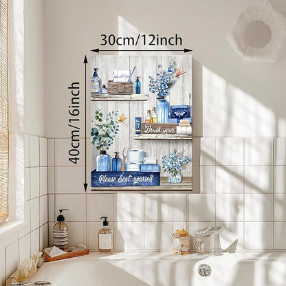 WANGTIAO Navy Blue Shelf Pattern Bathroom Canvas Wall Art Rustic Grey Wood Grain Wall Paintings Please Seat Yourself Sign Prints Pictures Vintage Aesthetic Bathroom Poster Artwork Home Decor 12"x16"