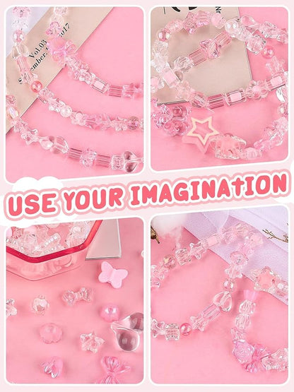 150PCS Acrylic Pastel Beads for Jewelry Making, Kalolary Colorful Bow Butterfly Flower Beads Kawaii Plastic Candy Heart Bead Cute Macaroon Aesthetic Bead for Bracelet Necklace DIY Supplies (Pink)