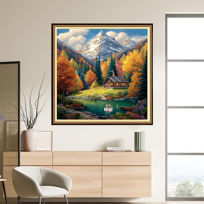 DMCVIVR Stamped Cross Stitch Kits for Adults Beginners Embroidery Kits 11CT Needlepoint Kits Cross Stitch Patterns Embroidery Patterns-Swan Lake Homeland Scenery 18x18 inch