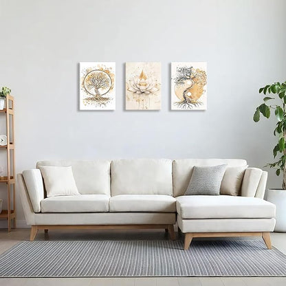 WENGTIAO 3Pcs Tree of Life Canvas Wall Art Prints Zen Lotus Pictures Posters Beige Yin Yang Fall Art Paintings Spiritual Meditation Artwork for Living Room Bedroom Spa Office Home Decor 12x16x3Pcs