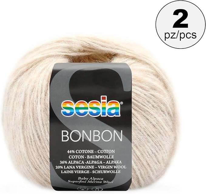 2 Skeins, Baby Alpaca, Superfine Merino Wool, Cotton, 458 Yds/3.5 oz., Needles US 6-7, Sesia Bon Bon (2, Beige - 6177)
