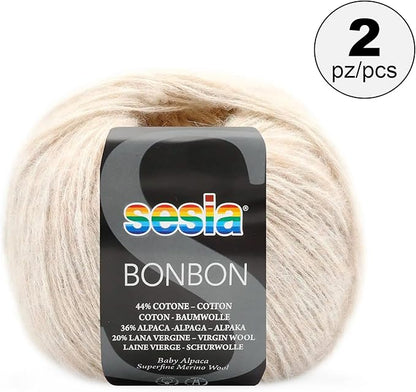2 Skeins, Baby Alpaca, Superfine Merino Wool, Cotton, 458 Yds/3.5 oz., Needles US 6-7, Sesia Bon Bon (2, Beige - 6177)