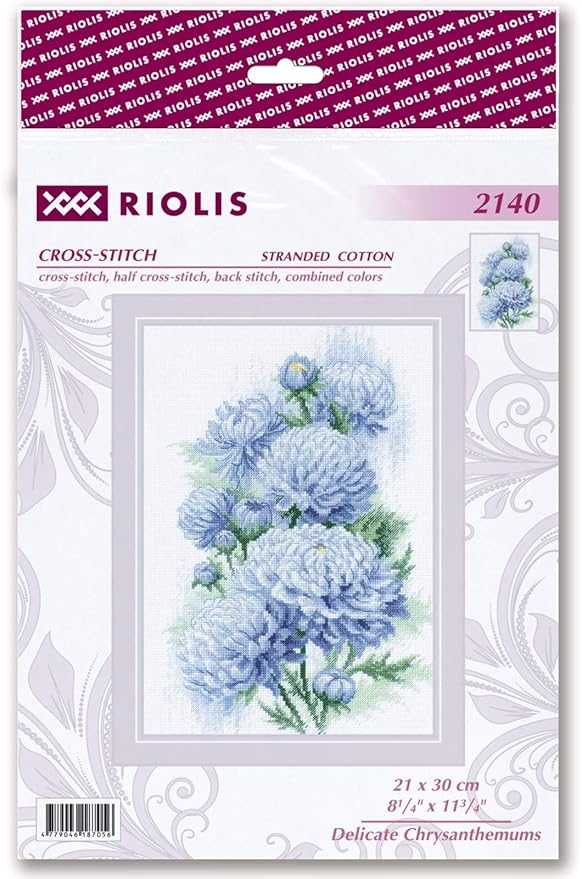 RIOLIS - Delicate Chrysanthemums 2140, Cross Stitch Kits 8¼" x 11¾", Cross Stitch Kits for Adults, Floral Counted Cross Stitch Kits, Embroidery Kit for Beginners & Advanced, Crossstitching Kits