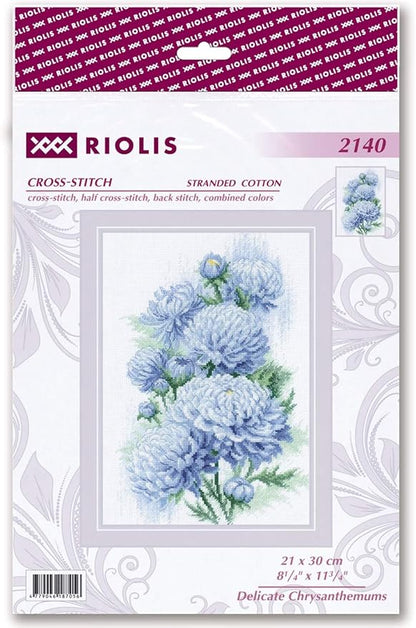 RIOLIS - Delicate Chrysanthemums 2140, Cross Stitch Kits 8¼" x 11¾", Cross Stitch Kits for Adults, Floral Counted Cross Stitch Kits, Embroidery Kit for Beginners & Advanced, Crossstitching Kits