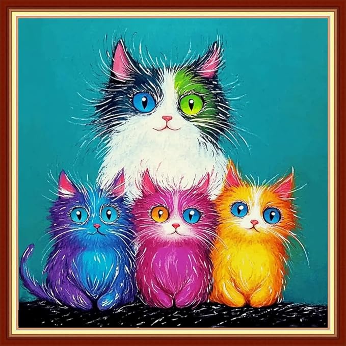 Fanxvivy Stamped Cross Stitch Kits for Beginners Full Range of Cross Stitching Preprinted Embroidery Kits for Adults, 11CT Embroidery Pattern Needlepoint Kits-Colorful Cat 18x18 inch