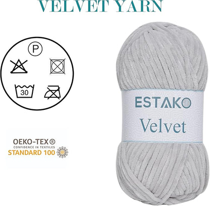 Estako Velvet (3- Skeins Pack) Chenille Blanket amigurumi Yarn for Crocheting and Knitting Super Bulky 3x100 gr (3x132 yds) (1120 - Light Grey)