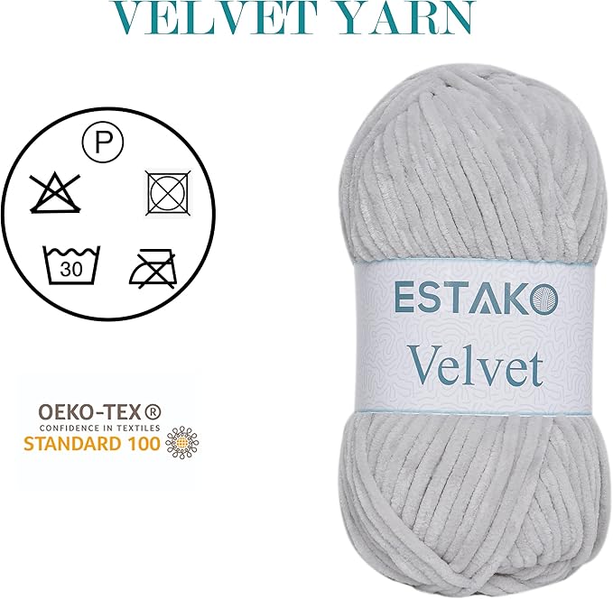 Estako Velvet Chenille Blanket amigurumi Yarn for Crocheting and Knitting Super Bulky 100 gr (132 yds) (1120 - Light Grey)