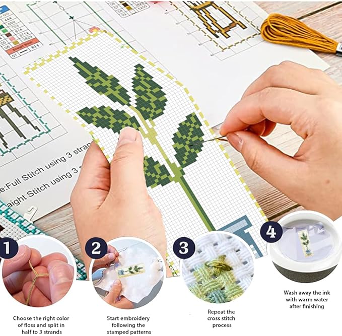 FREEBLOSS 6 Set Cross Stitch Bookmark Kit Green Plants Patterned Embroidery Bookmarks with Instruction Cross Stitch Kits for Adults 8''x2.4''