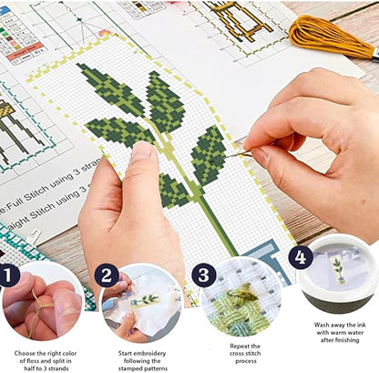 FREEBLOSS 6 Set Cross Stitch Bookmark Kit Green Plants Patterned Embroidery Bookmarks with Instruction Cross Stitch Kits for Adults 8''x2.4''