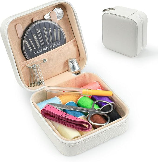 LELE LIFE Mini Travel Sewing Kit Leather Case, Small Sewing Kit for Adults and Beginners, Basic Needle and Thread Kit for Emergency Hand Sewing Repair Supplies (White)