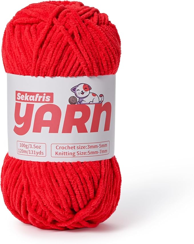 Plush Chunky Chenille Yarn for Crocheting, Soft Fluffy Velvet Yarn for Crocheting, Fuzzy Baby Blanket Knitting Yarn, 100g/131yds Bulky Amigurumi Yarns（Red）