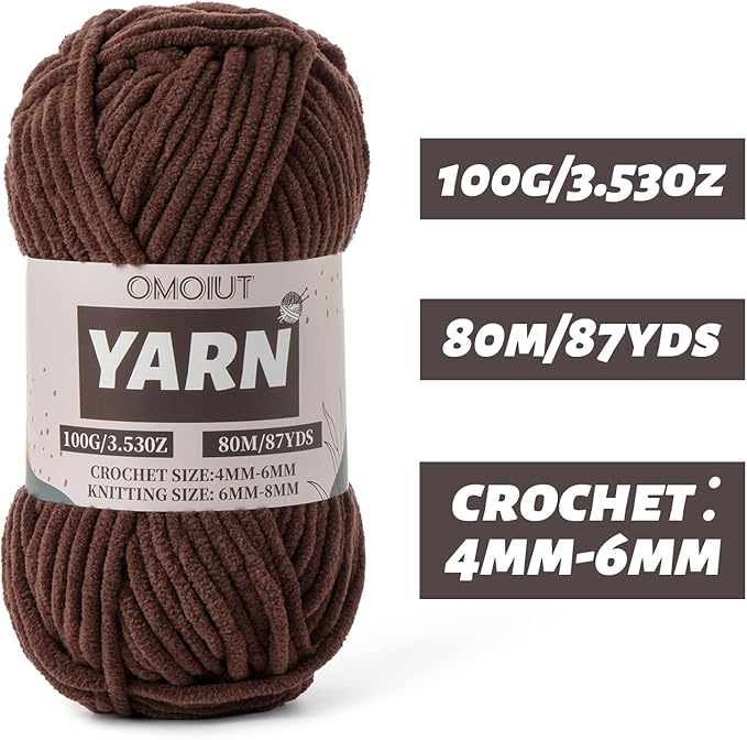 Fluffy Chenille Yarn for Crocheting - Baby Yarn for Crocheting Soft Blanket - 3 Pack of 100g/(87.4yds) Crochet Amigurumi Chunky Yarns - Super Bulky 5 Velvet Yarns (3 Dark Coffee)