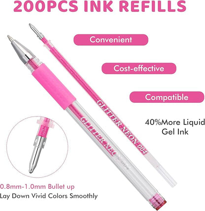 200 Colors Gel Pen Refills, Glitter Neon Gel Ink Pens Refills,Replace Cartridges for Gel Pens Set,9 Color Type for Adult Coloring Books Drawing Doodling Crafts Scrapbooking Journaling,No Repeats