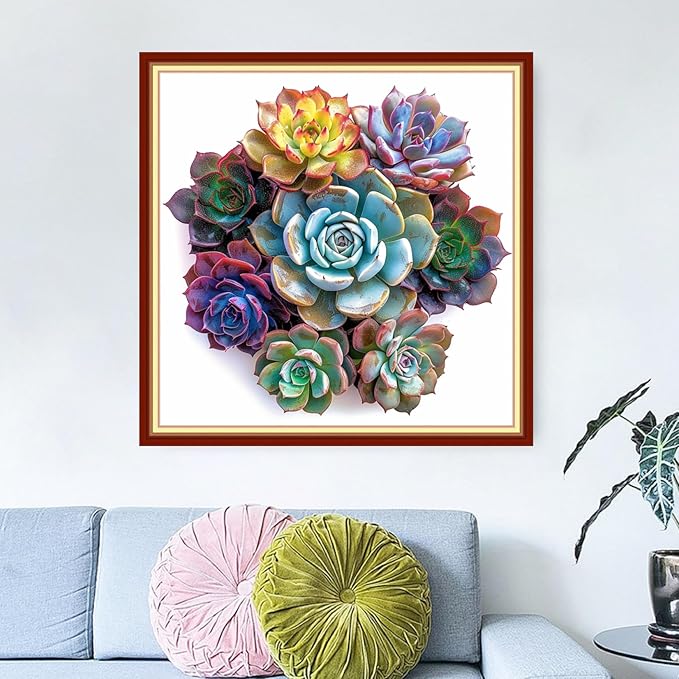 Dimensean Stamped Cross Stitch Kits Full Range of Embroidery Patterns Starter Kits for Beginners Adult DIY Cross Stitches Needlepoint Kits 11CT-Succulent Plants 18x18 inch