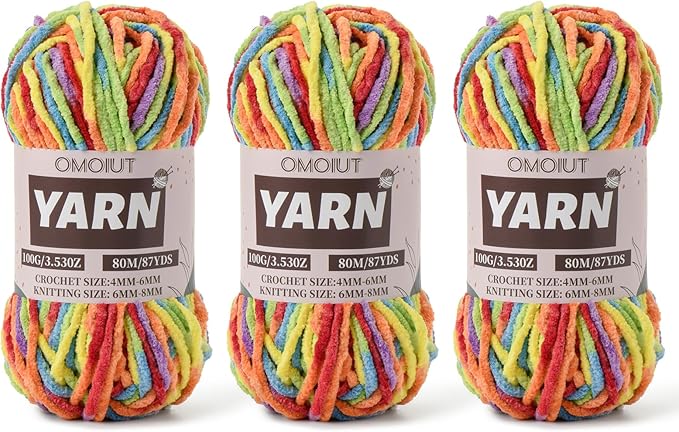 Fluffy Chenille Yarn for Crocheting - Baby Yarn for Crocheting Soft Blanket - 3 Pack of 100g/(87.4yds) Crochet Amigurumi Chunky Yarns - Super Bulky 5 Velvet Yarns (3 Rainbow)