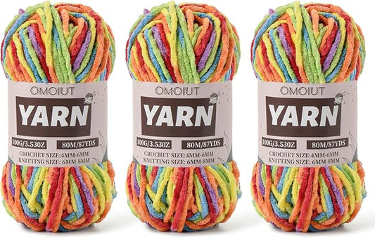 Fluffy Chenille Yarn for Crocheting - Baby Yarn for Crocheting Soft Blanket - 3 Pack of 100g/(87.4yds) Crochet Amigurumi Chunky Yarns - Super Bulky 5 Velvet Yarns (3 Rainbow)