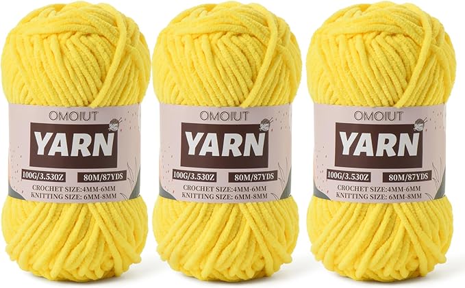 Fluffy Chenille Yarn for Crocheting - Baby Yarn for Crocheting Soft Blanket - 3 Pack of 100g/(87.4yds) Crochet Amigurumi Chunky Yarns - Super Bulky 5 Velvet Yarns (3 Yellow)