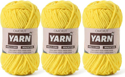 Fluffy Chenille Yarn for Crocheting - Baby Yarn for Crocheting Soft Blanket - 3 Pack of 100g/(87.4yds) Crochet Amigurumi Chunky Yarns - Super Bulky 5 Velvet Yarns (3 Yellow)
