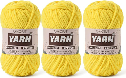 Fluffy Chenille Yarn for Crocheting - Baby Yarn for Crocheting Soft Blanket - 3 Pack of 100g/(87.4yds) Crochet Amigurumi Chunky Yarns - Super Bulky 5 Velvet Yarns (3 Yellow)