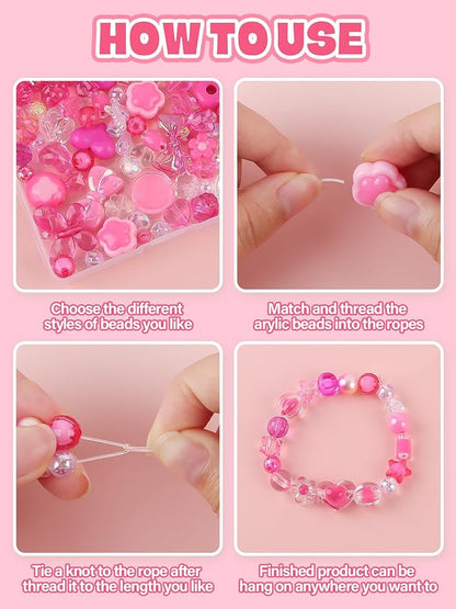 150PCS Acrylic Pastel Beads for Jewelry Making, Kalolary Colorful Bow Butterfly Flower Kawaii Plastic Candy Heart Cute Macaroon Aesthetic Beads for Bracelet Necklace DIY Supplies (Rose Pink)