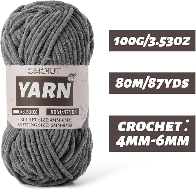 Dark Grey Fluffy Chenille Yarn for Crocheting - Baby Yarn for Crocheting Soft Blanket - (100g/87.4yds) Crochet Amigurumi Chunky Yarns - Super Bulky 5 Velvet Yarns