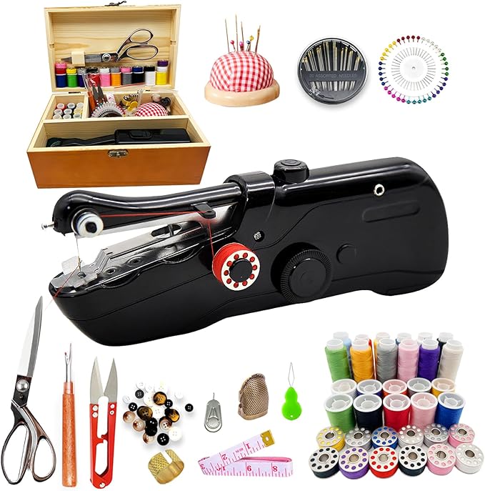 Handheld Sewing Machine with Exquisite Wooden Storage Box & 142-Piece Sewing Kit - Electric Switch, Dual Power Supply, Assorted Needles, Threads, Heavy Duty Scissors - Meets All Household Sewing Needs