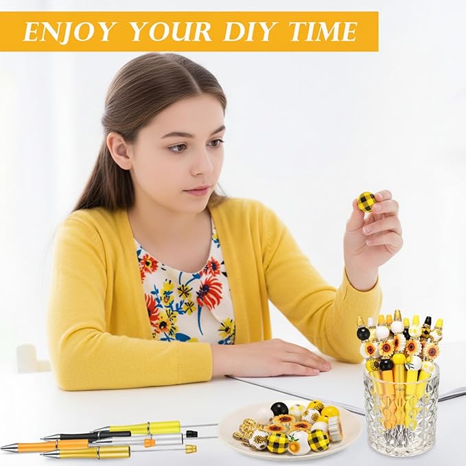 Geyee 12 Set Plastic Beadable Pens Assorted Bead Pens Crystal Wood Round Spacer Set Black Ink DIY Ballpoint for Women Men Gift Office Supplies(Sunflower)