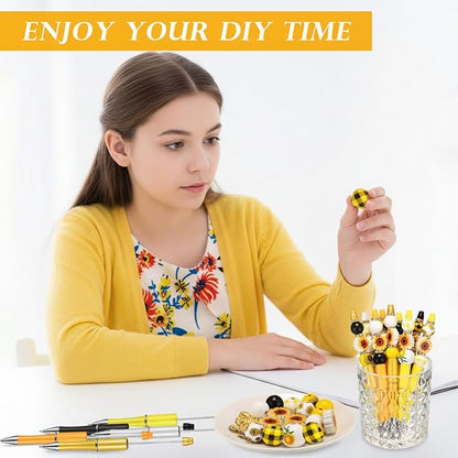 Geyee 12 Set Plastic Beadable Pens Assorted Bead Pens Crystal Wood Round Spacer Set Black Ink DIY Ballpoint for Women Men Gift Office Supplies(Sunflower)