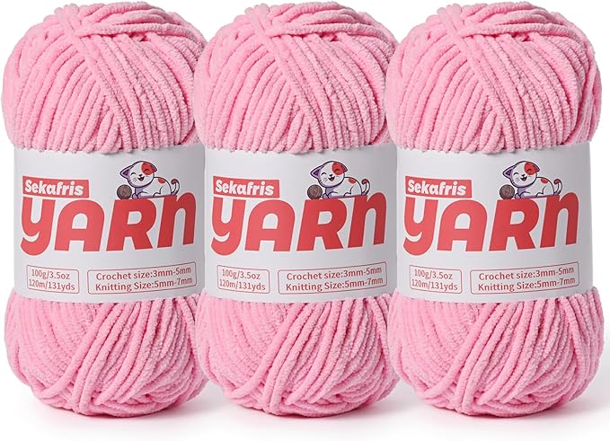 3 Pack Plush Chunky Chenille Yarn for Crocheting, Soft Fluffy Velvet Yarn for Crocheting, Fuzzy Baby Blanket Knitting Yarns, 300g/393yds Bulky Amigurumi Yarns（3 Deep Pink）
