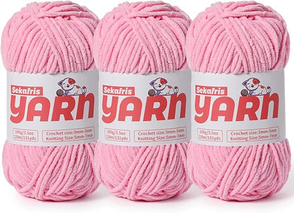 3 Pack Plush Chunky Chenille Yarn for Crocheting, Soft Fluffy Velvet Yarn for Crocheting, Fuzzy Baby Blanket Knitting Yarns, 300g/393yds Bulky Amigurumi Yarns（3 Deep Pink）