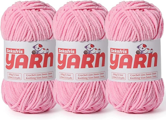 3 Pack Plush Chunky Chenille Yarn for Crocheting, Soft Fluffy Velvet Yarn for Crocheting, Fuzzy Baby Blanket Knitting Yarns, 300g/393yds Bulky Amigurumi Yarns（3 Deep Pink）