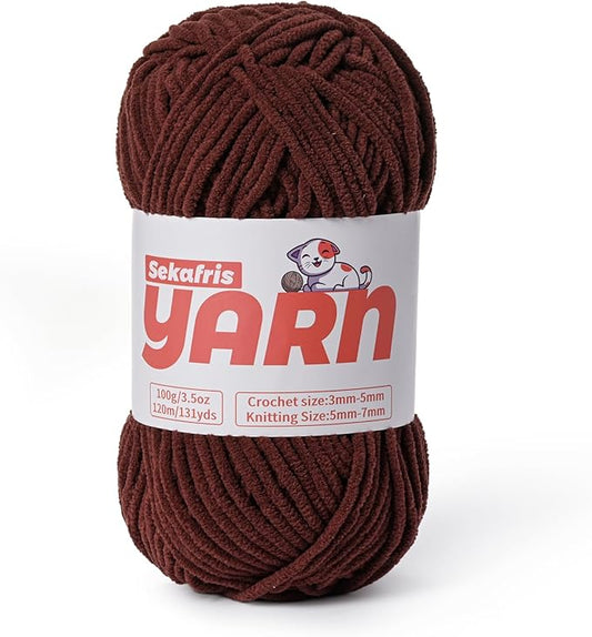 Plush Chunky Chenille Yarn for Crocheting, Soft Fluffy Velvet Yarn for Crocheting, Fuzzy Baby Blanket Knitting Yarns, 100g/131yds Bulky Amigurumi Yarns（Dark Coffee）