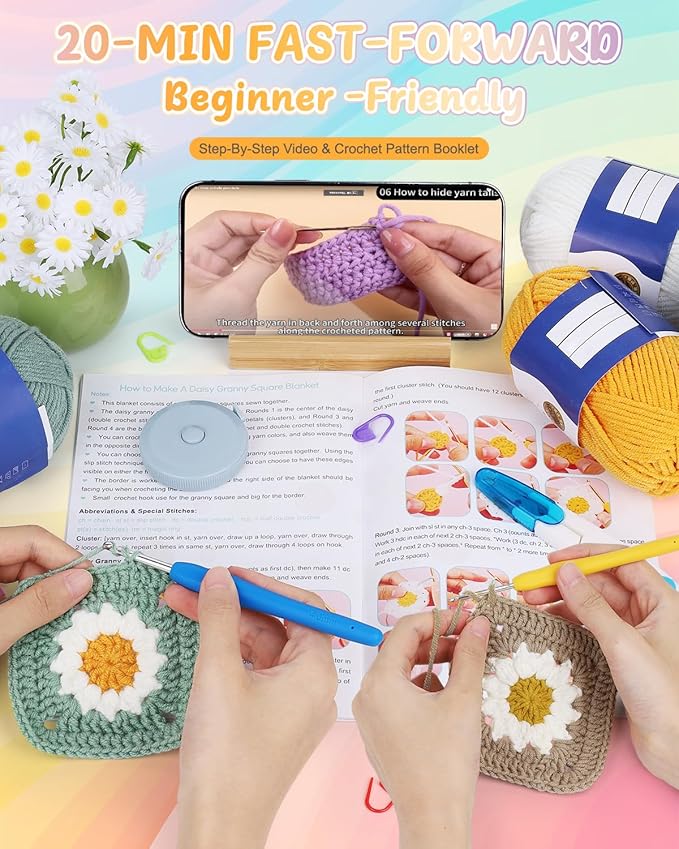 Coopay Crochet Kit for Beginners, Crochet Starter Kit for Blanket, Granny Squares Video Instructions, Easy to Learn Knitting for Beginner