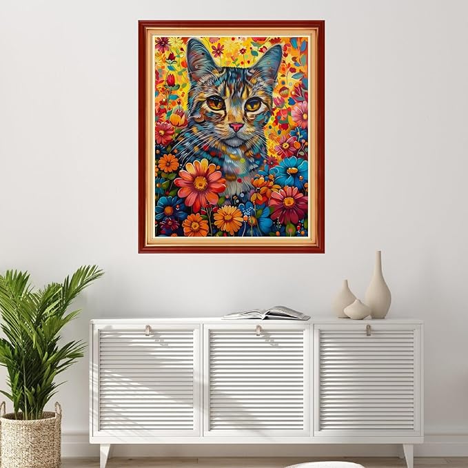 Foxhool Stamped Cross Stitch Kits,11CT Printed Cross Stitch Pattern Full Embroidery Kits for Beginner Needlepoint Kits-Cat Flowers 16x20 inchs