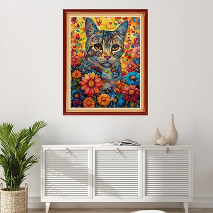 Foxhool Stamped Cross Stitch Kits,11CT Printed Cross Stitch Pattern Full Embroidery Kits for Beginner Needlepoint Kits-Cat Flowers 16x20 inchs