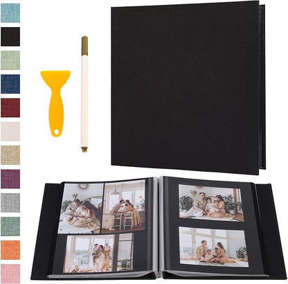 Photo Album Self Adhesive Pages Black Sticky Pages Large Scrapbook Linen Cover for 4x6 5x7 8x10 Pictures Album de Fotos Wedding Couples Baby Family Memory Book, 11x10.6 Black 40 Pages